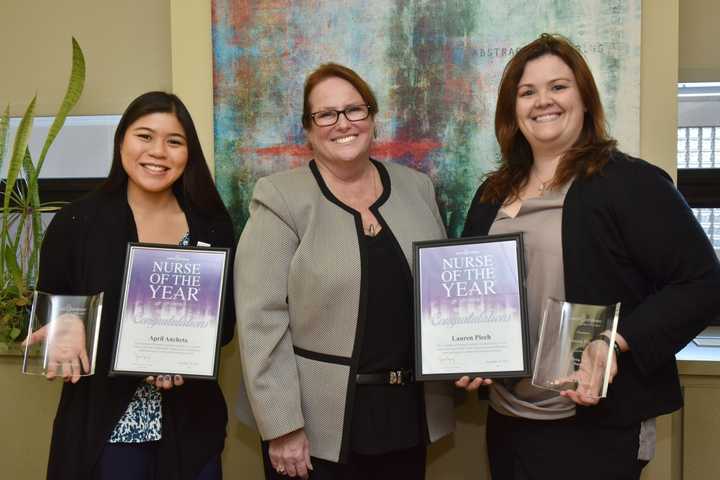 From left, April Ancheta, Ann Marie Leichman, vice president of Patient Care Services and chief nursing officer, and Lauren Piech.