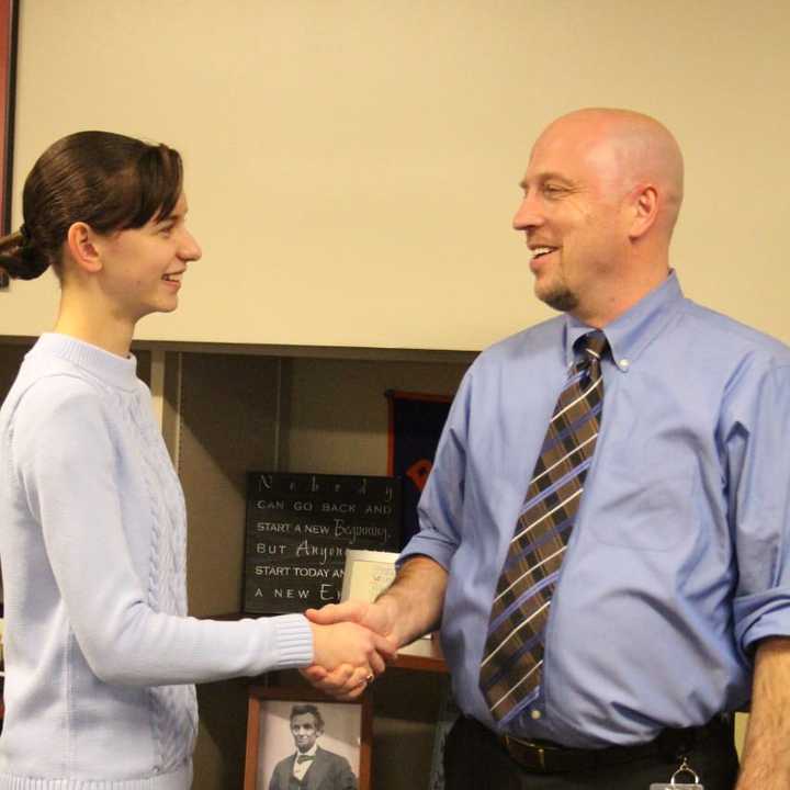 Carmel High School senior Anna Mederer, left, with Principal Louis Riolo.