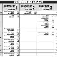 <p>New Jersey's "line" ballot system: all of the endorsed candidates are in column 1, while the non-endorsed candidates are in column 2 and 3.</p>