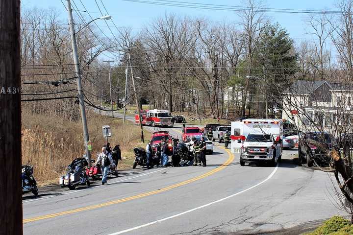 A call for a motorcycle down brought emergency services to the area in front of Red Mills Market on Route 6N Sunday morning in Mahopac Falls.