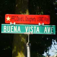 <p>A street sign in Hawthorne commemorates Pfc. David L. Dougherty, who was killed in action during Wolrd War II.</p>