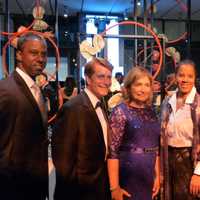 <p>HackensackUHN President and CEO Robert C. Garret (second from left) and his wife, Laura, greeted guests and posed for pictures as they entered the Whitney. Pictured with (from left) Eric Eve, Leecia Eve and HUMC Foundation Board Chairman Ulises Diaz.</p>