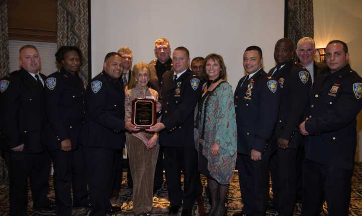 (From left:) PAPD Lt. Daniel McCabe, Officer Lavern Watson, Lt. Mark Ciganek, Officer Juan Guzman, VHS Chair Mimi Kassel, Officer Brian Ahern, Lt. Michael Hennessy, Officer Kameel Juman, VHS President/CEO Vicki Sidrow, Inspector Geraldo Silva, Deputy