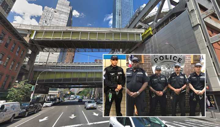 INSET (LEFT to RIGHT): Port Authority Police Sgt. Juan DeJesus, Lt. Paul O’Dell, Officer Lenny Guzman, Sgt. Steve Way, Officer Lenny Duque