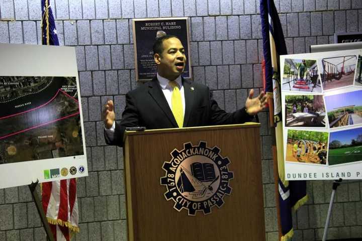 Passaic Mayor Hector Lora spoke at a press conference announcing the launch of Phase I of the Passaic Riverfront Park Project.