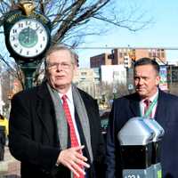 <p>Mayor David Martin and Bureau Chief Jim Travers announce a pilot program for new parking meters on Bedford Street in Stamford on Wednesday.</p>