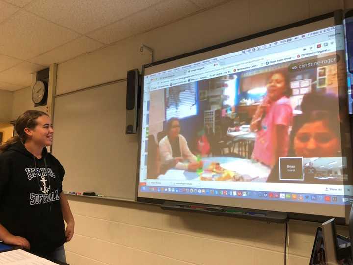 Students at Hendrick Hudson High School chat with students on an Indian Reservation in South Dakota