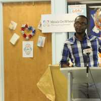 <p>After accepting his award in Nanuet, Frandy Osias-Louis recalled how his family had had to rely on the nonprofit food pantry, People to People, which is located next door. The volunteer has taken part in the fight against hunger and homelessness.</p>