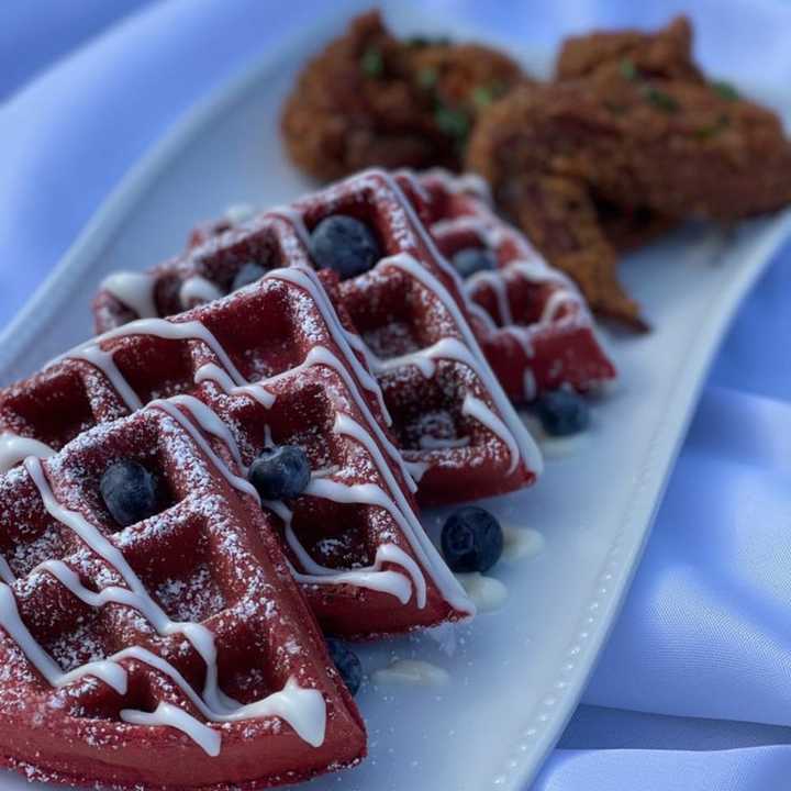 A red velvet waffle served at Lola&#x27;s Southern Cuisine