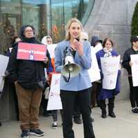 <p>Rep. Caroline Simmons (D-Stamford) attends a rally at the Stamford courthouse on Wednesday in support of immigrants&#x27; rights.</p>