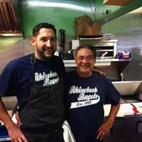 <p>Owner Jeremy Monaco, left, and his dad, at Rhinebeck Bagels Café in Rhinebeck where locally sourced produce is used.</p>