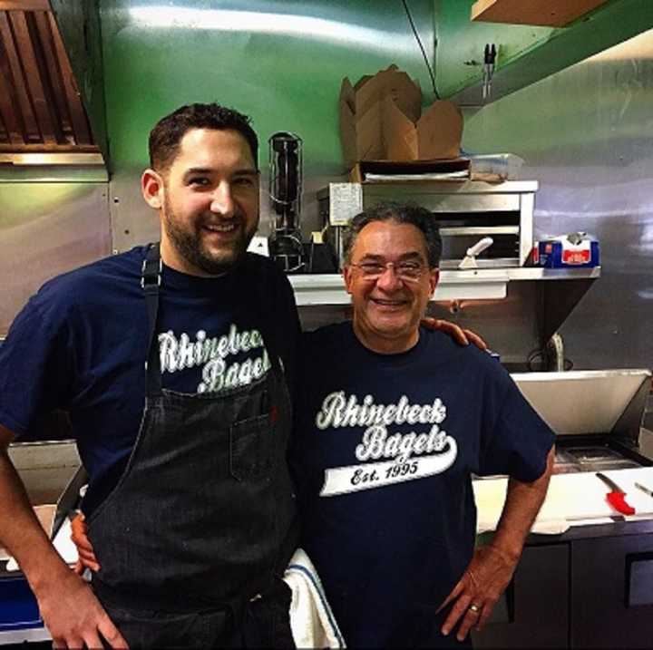 Owner Jeremy Monaco, left, and his dad, at Rhinebeck Bagels Café in Rhinebeck where locally sourced produce is used.