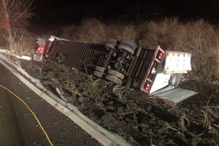 Tractor-Trailer Flips After Nearly Crashing Into Stopped Vehicles On Route 22