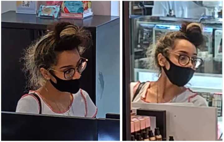 Authorities are searching for a woman accused of stealing makeup products worth $348 from a Long Island store.