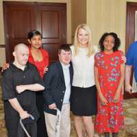 <p>STAR clients Walter Krulinski, Josh Williams, Talisha Maxwell, Daniel Herskowitz and STAR staff member Annette Clark meet Elizabeth Smart</p>