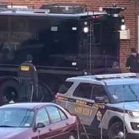 <p>Bergen County Regional SWAT Team vehicle at the scene in Saddle Brook.</p>