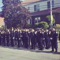 <p>Yonkers Police line up along Yonkers Avenue for the funeral of Lt. Roy McLaughlin.</p>