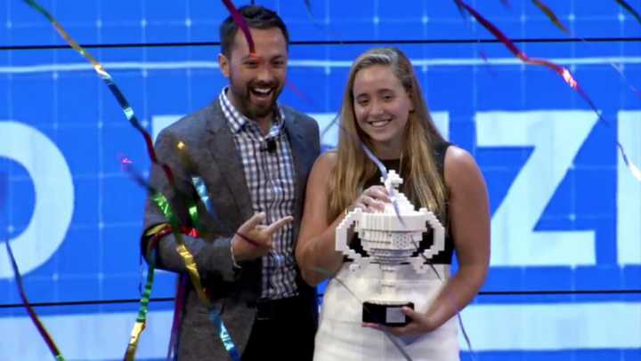 Google Science Fair Awards Ceremony presenter Derek Muller and grand prize winner Olivia Hallisey.