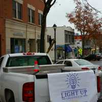 <p>Holiday lights being put up on Greenwich Avenue</p>