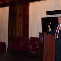 <p>Jim Tedesco speaks to crowd of mayors at the Bergen County Economic Development Conference at Metlife Stadium.</p>