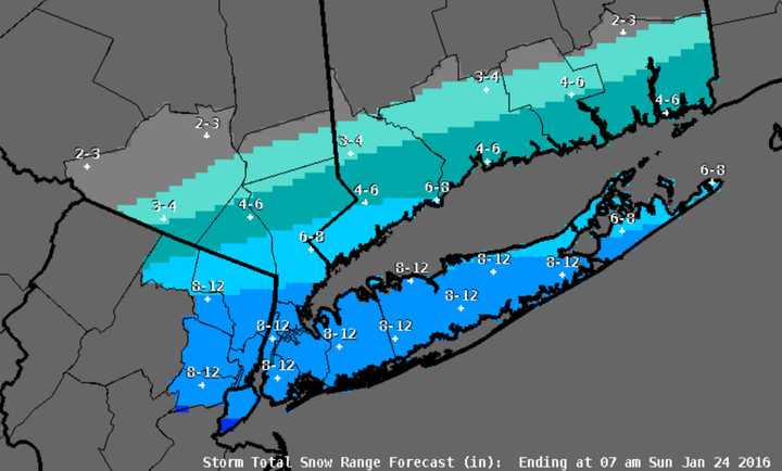 The latest snowfall projection map, released Friday by the National Weather Service.