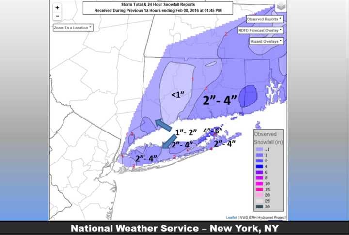 A look at snowfall totals just before 3 p.m. Wednesday.