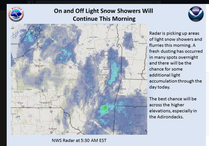 Intermittent light snow will continue in the area.