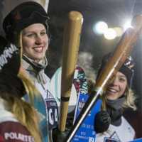 <p>Julia Marino stands on he podium after winning the Big Air competition Thursday at Fenway Park in Boston.</p>