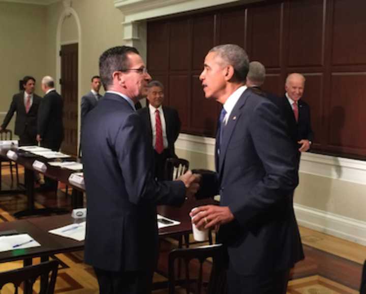 Gov. Dannel Malloy meets up with President Barack Obama at the White House on Friday during the National Governors Association’s 2016 Winter Meeting.