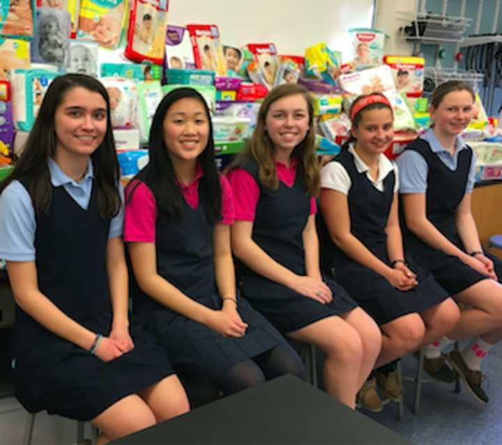 Lauralton Hall NHS members Carloine Sarda of New Canaan, Felicia Tanu of Stamford, Maddie Peloso of Fairfield, Bella Secchiaroli of Milford and Aigneis Frey of New Canaan.