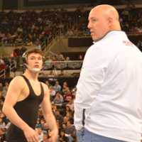 <p>Hasbrouck Heights&#x27; Michael O&#x27;Malley before his match with Coach Craig Massery.</p>