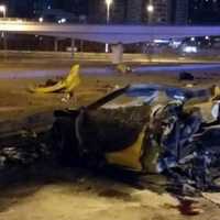 <p>The remains of the Ferrari after the crash that killed Victoria McGrath of Weston and three others on Sunday in Dubai.</p>