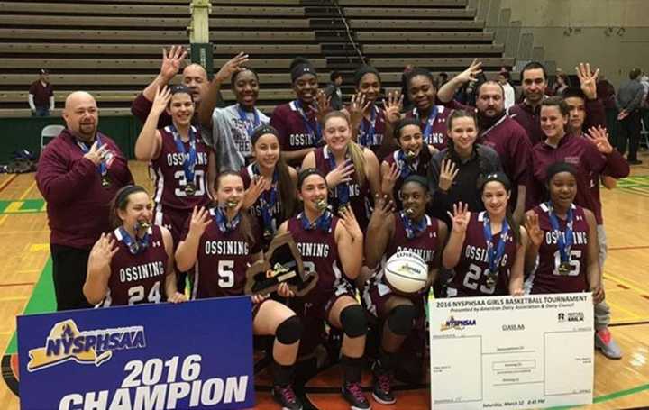 Ossining High School&#x27;s girls basketball team celebrates its fourth straight NYSPHSAA title.