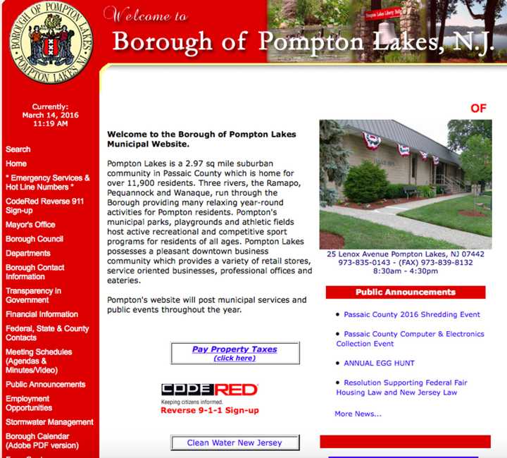 the main page of the Pompton Lakes municipal website