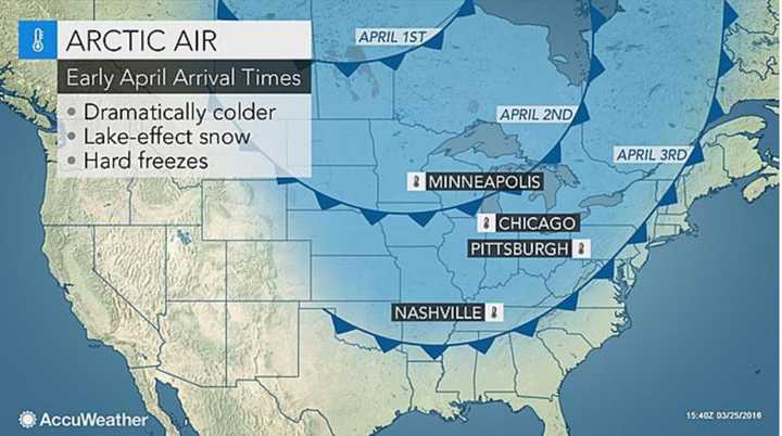 Temperatures as low as 30 degrees below normal will affect parts of the Midwest and East the first week in April.