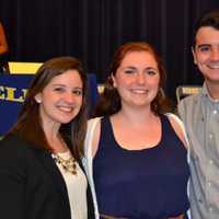 <p>Bunnell High School senior Rachael Merritt, center, and Stratford High School senior Mike LaPia, right, were awarded the 2015 Vicki Soto Memorial scholarships.</p>