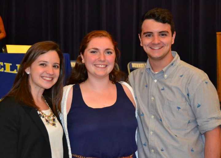 Bunnell High School senior Rachael Merritt, center, and Stratford High School senior Mike LaPia, right, were awarded the 2015 Vicki Soto Memorial scholarships.