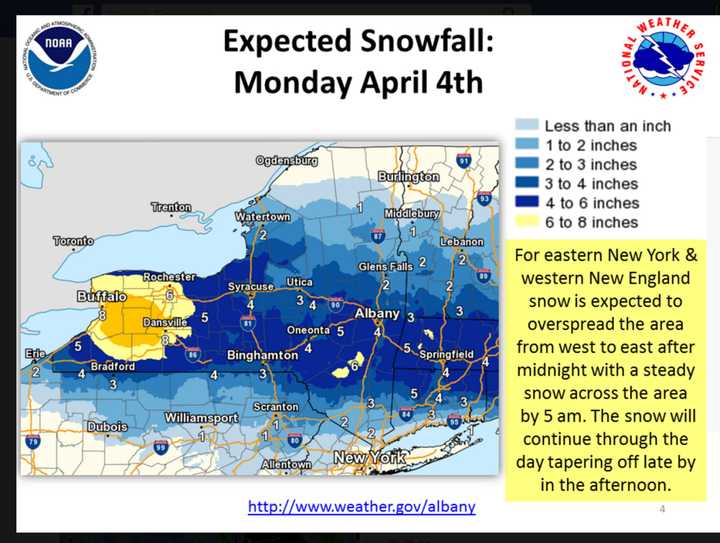 Projected snowfall totals show higher amounts north of I-84.