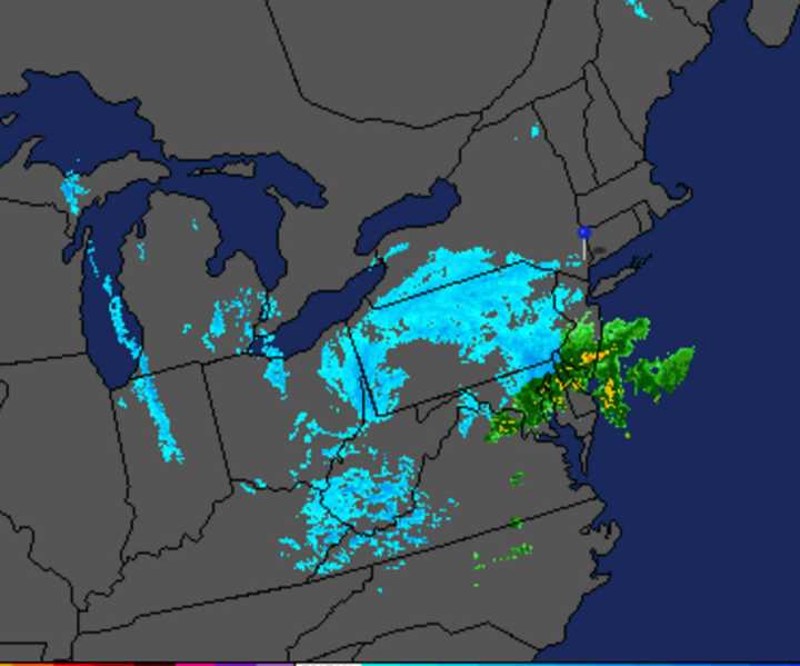 A radar image Saturday at around 9 a.m. of the system moving west to east that is expected to bring a mix of rain and snow to the area.