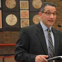 <p>Dr. Christopher Manno addresses the audience shortly after Bedford Central&#x27;s school board voted to appoint him as the next schools superintendent.</p>