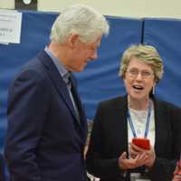 <p>Hillary and Bill Clinton chat with Chappaqua Schools Superintendent Lyn McKay. The Clintons came to Douglas G. Grafflin Elementary School on Tuesday to cast their votes for New York&#x27;s Democratic presidential primary.</p>