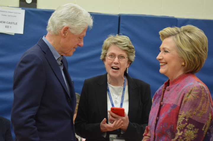 Hillary and Bill Clinton chat with Chappaqua Schools Superintendent Lyn McKay. The Clintons came to Douglas G. Grafflin Elementary School on Tuesday to cast their votes for New York&#x27;s Democratic presidential primary.