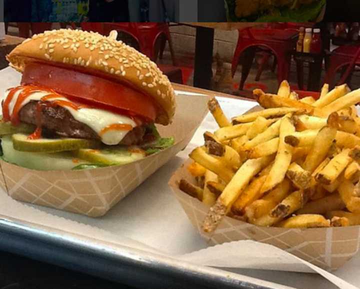 A standard order of burger and fries at The Filling Station in West Haverstraw.