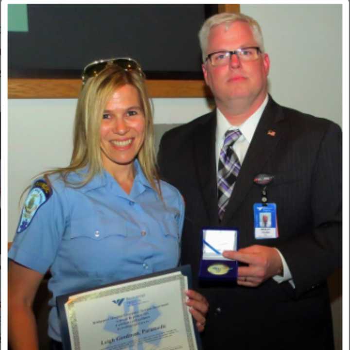 From left, Paramedic Leigh Goodman and EMS Coordinator Wes Young. Goodman and Young were recognized by Bridgeport Hospital with “Certificates of Excellence” for their outstanding performance helping a man with severe burns to his airway.