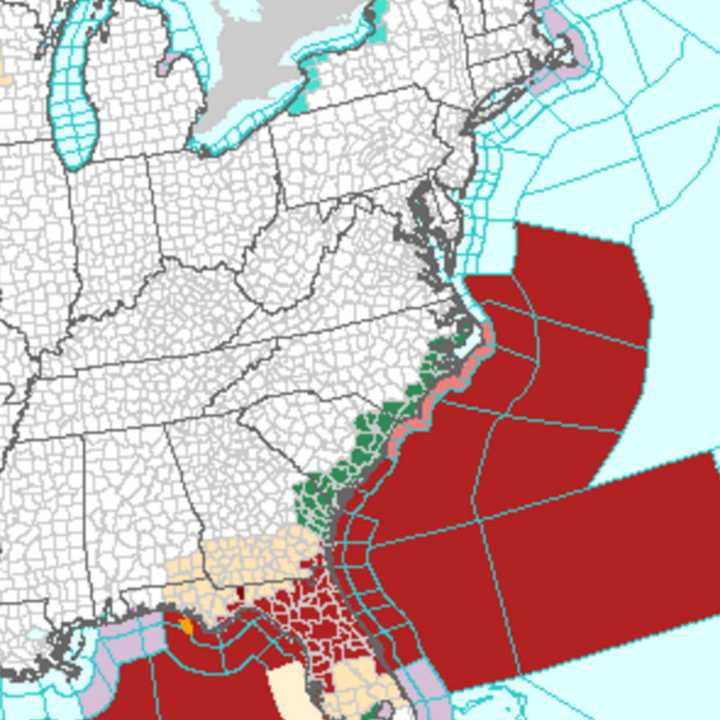 Areas in red indicated locations where Tropical Storm alerts are in effect.