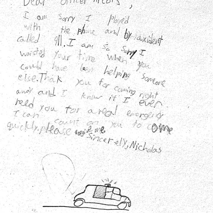 East Fishkill police responded to a boy&#x27;s mistaken 911 call, for which the boy apologized in a letter (shown here).