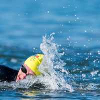 <p>A swimmer splashes through water at the event.</p>