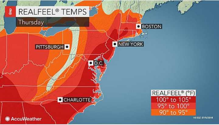 Thursday&#x27;s high temperature will climb to around 90 in most spots, with some parts of the area farther south seeing a high between 92 and 94 degrees and a real-feel temperature of around 100 degrees with mostly cloudy conditions.