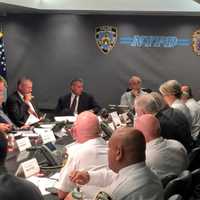 <p>Leading NYPD officials, including Commissioner William Bratton, at a Friday briefing with Mayor Bill de Blasio on the events in Dallas.</p>