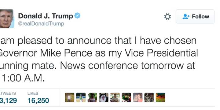 Donald Trump officially announced Indiana Gov. Mike Pence as his running mate in this tweet posted Friday morning.